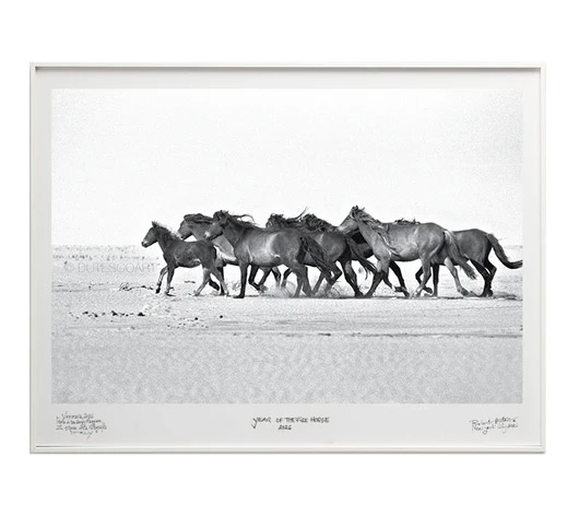 "Western Run" – A herd of wild horses runs in formation across the open sandy flats of Sable Island, their silhouettes powerful and unified against a pale horizon. Photograph by Roberto Dutesco.